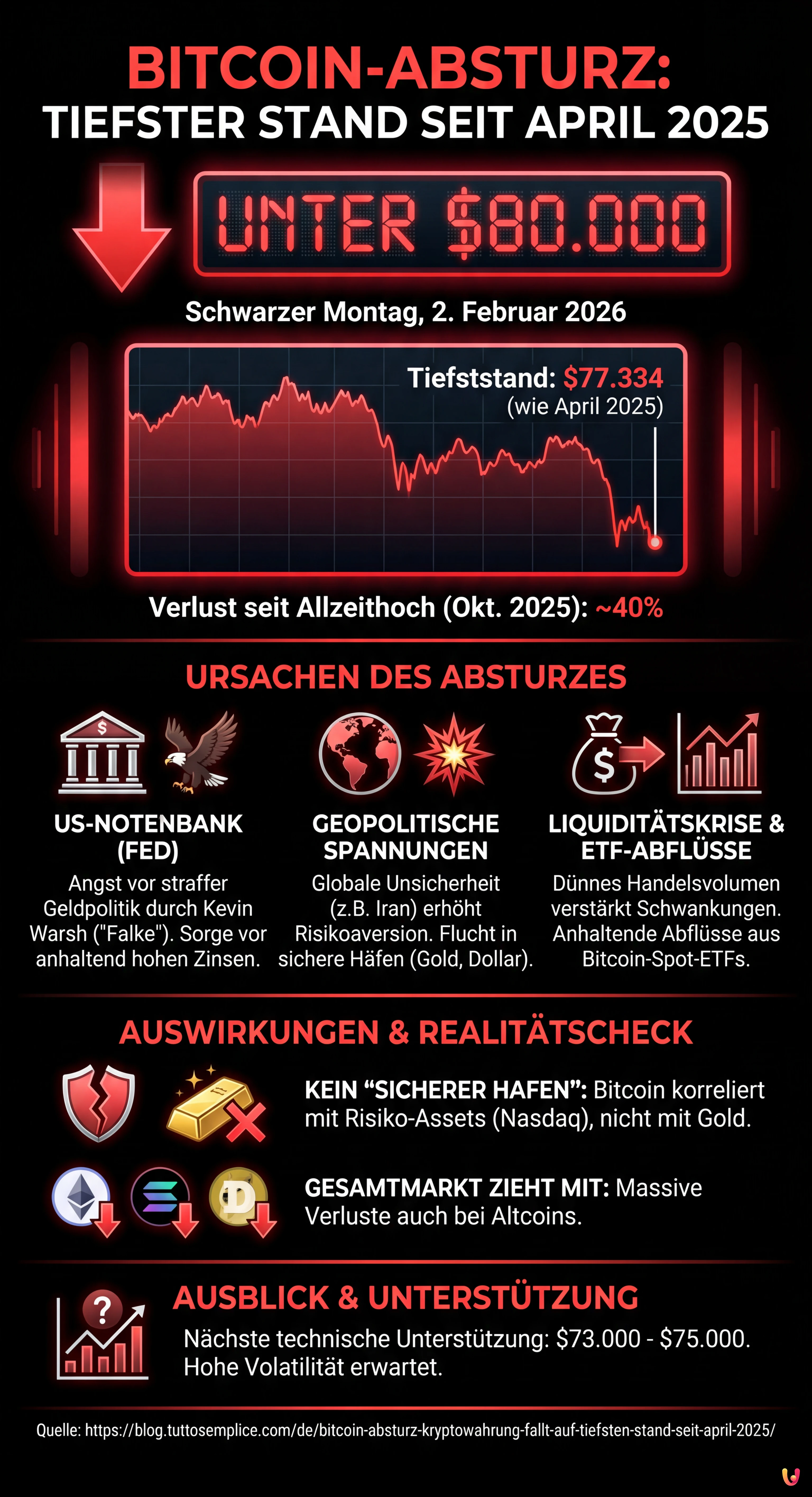 Bitcoin-Absturz: Kryptowährung fällt auf tiefsten Stand seit April 2025 - Zusammenfassende Infografik