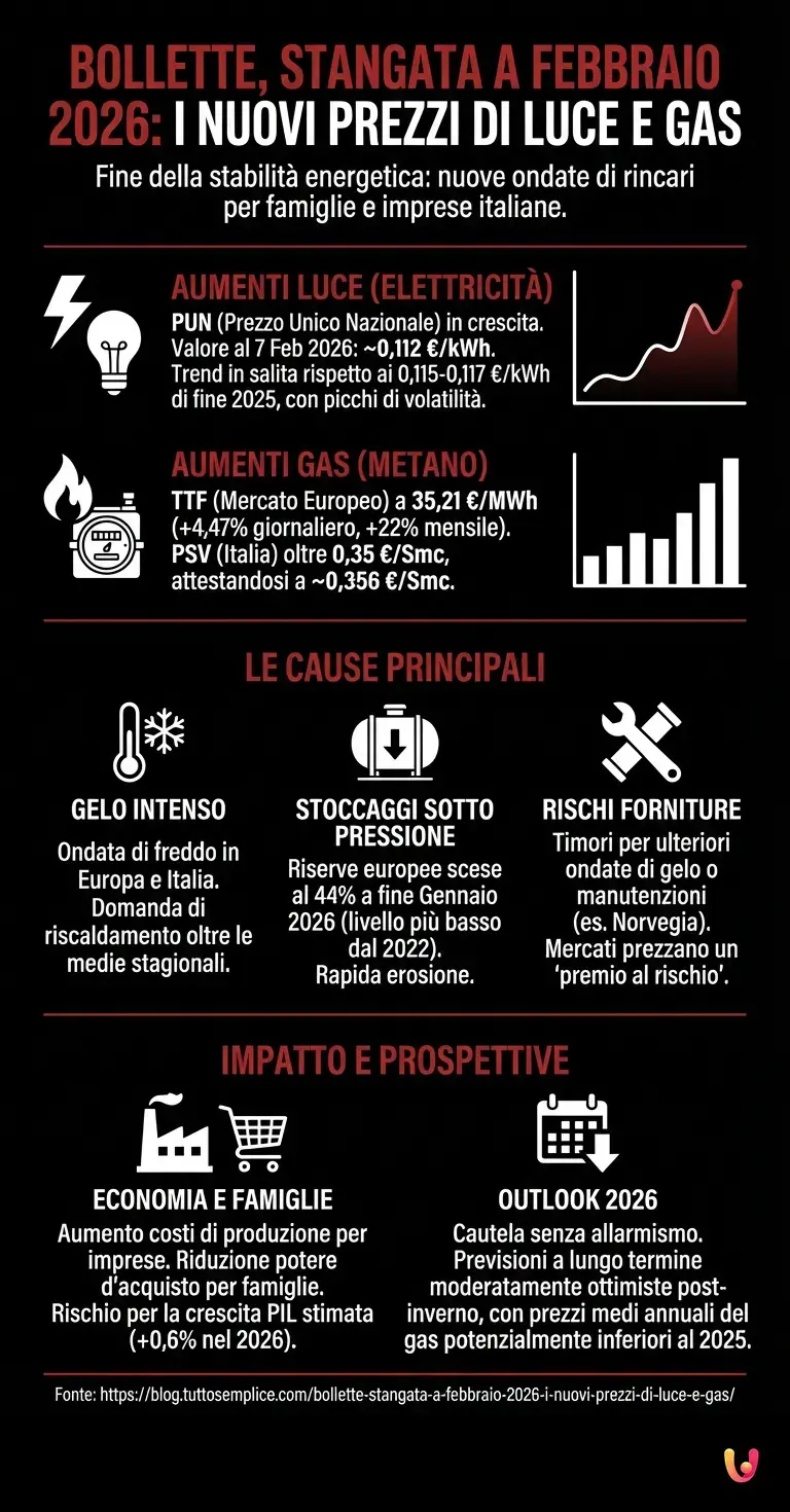 Bollette, stangata a Febbraio 2026: i nuovi prezzi di Luce e Gas - Infografica riassuntiva