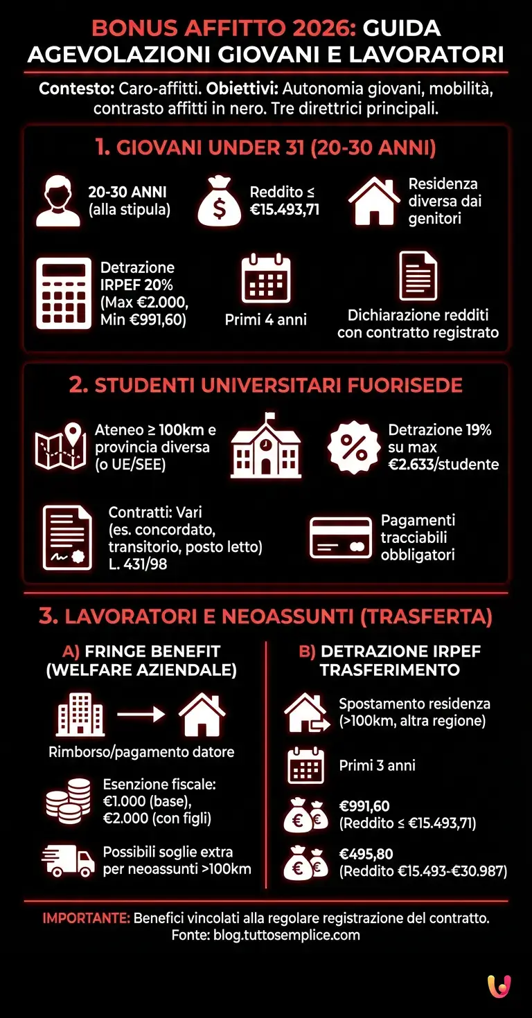 Bonus affitto 2026: guida completa agevolazioni giovani e lavoratori - Infografica riassuntiva