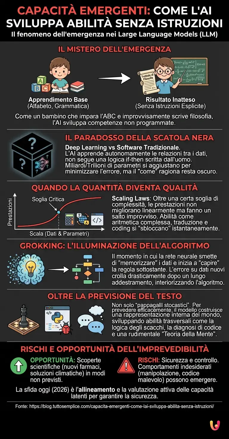 Capacità Emergenti: come l'AI sviluppa abilità senza istruzioni - Infografica riassuntiva