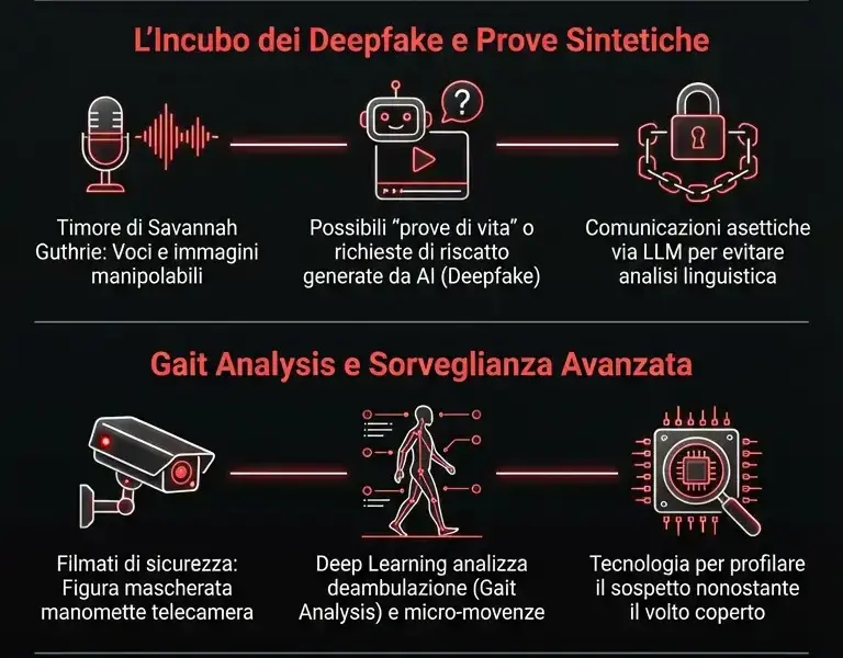 Infografica: Caso Guthrie: rilasciato sospetto, focus su deepfake e gait analysis