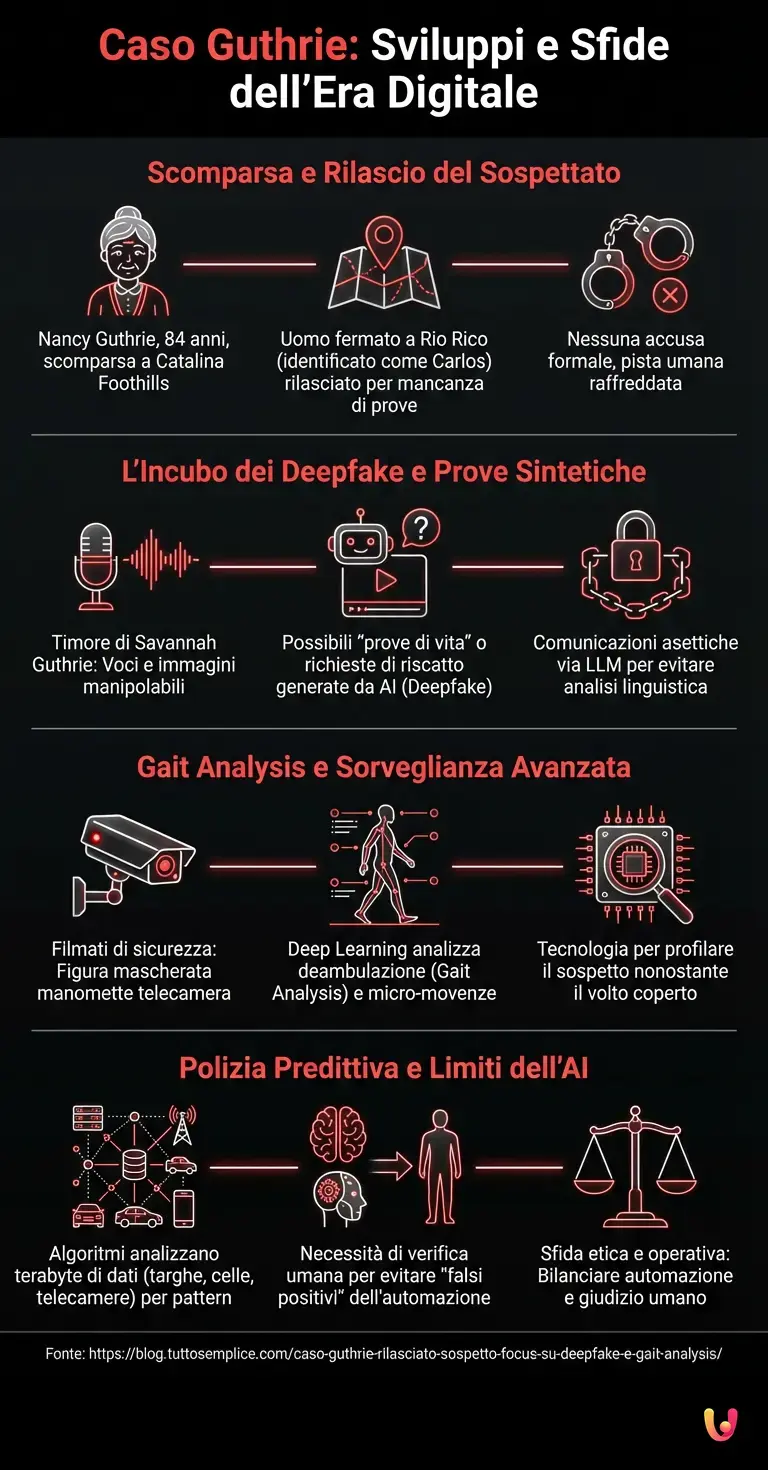 Caso Guthrie: rilasciato sospetto, focus su deepfake e gait analysis - Infografica riassuntiva