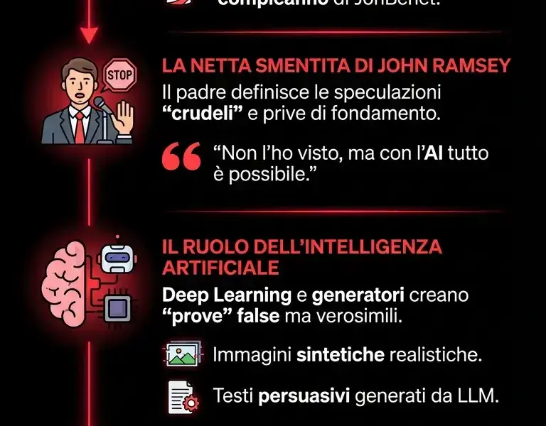Infografica: Caso Ramsey: analisi della disinformazione AI sul caso Epstein