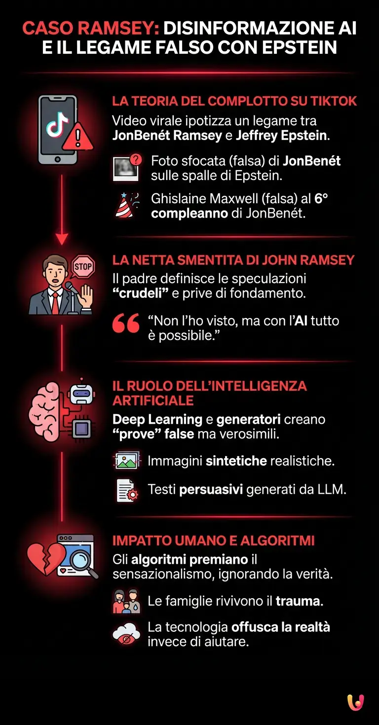 Caso Ramsey: analisi della disinformazione AI sul caso Epstein - Infografica riassuntiva