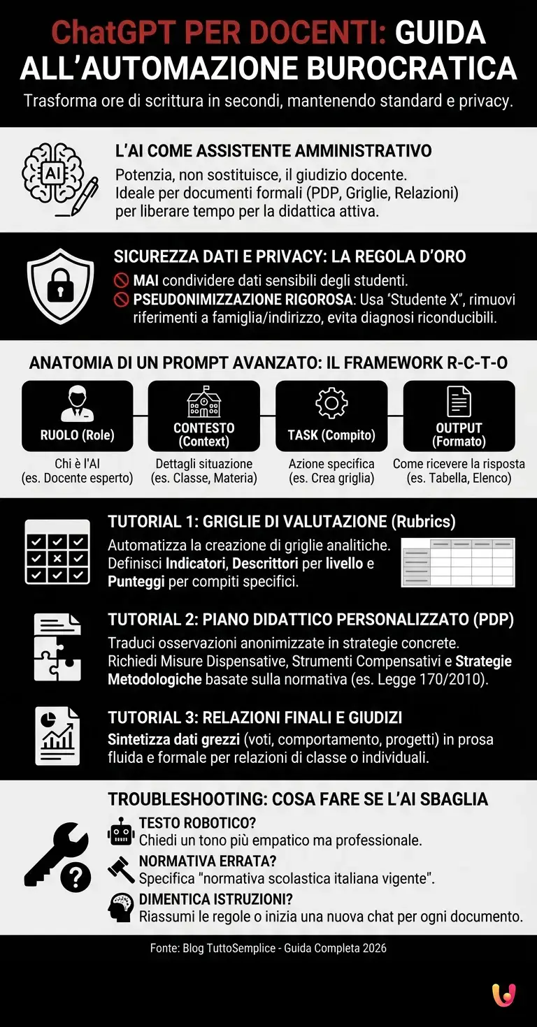 ChatGPT per Docenti: Guida Completa all'Automazione Burocratica - Infografica riassuntiva