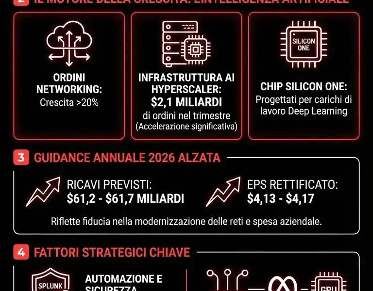 Infografica: Cisco Q2 2026: ricavi a 15,3 mld e guidance al rialzo per l'AI