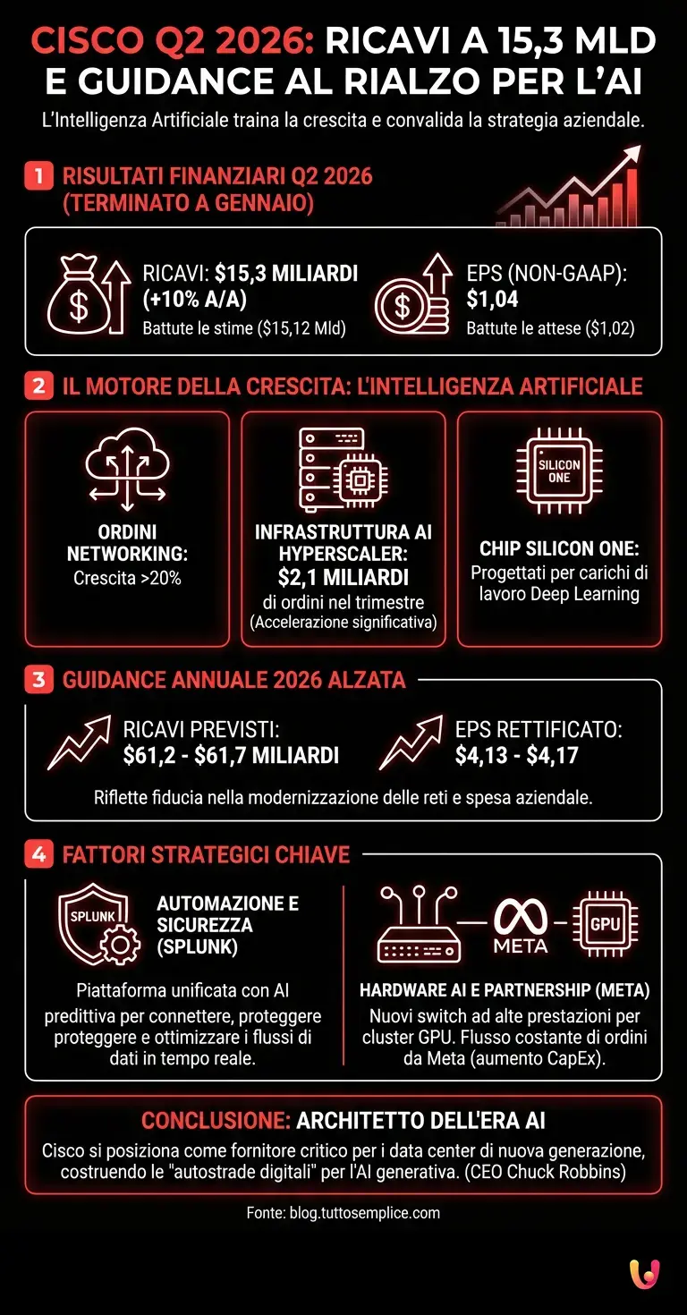 Cisco Q2 2026: ricavi a 15,3 mld e guidance al rialzo per l'AI - Infografica riassuntiva