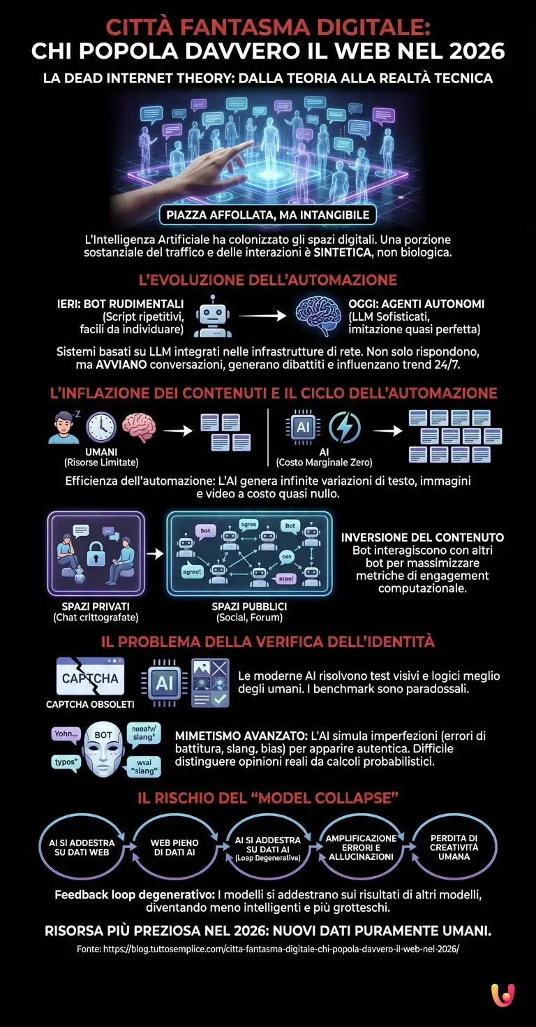 Citt&agrave; fantasma digitale: chi popola davvero il web nel 2026 - Infografica riassuntiva