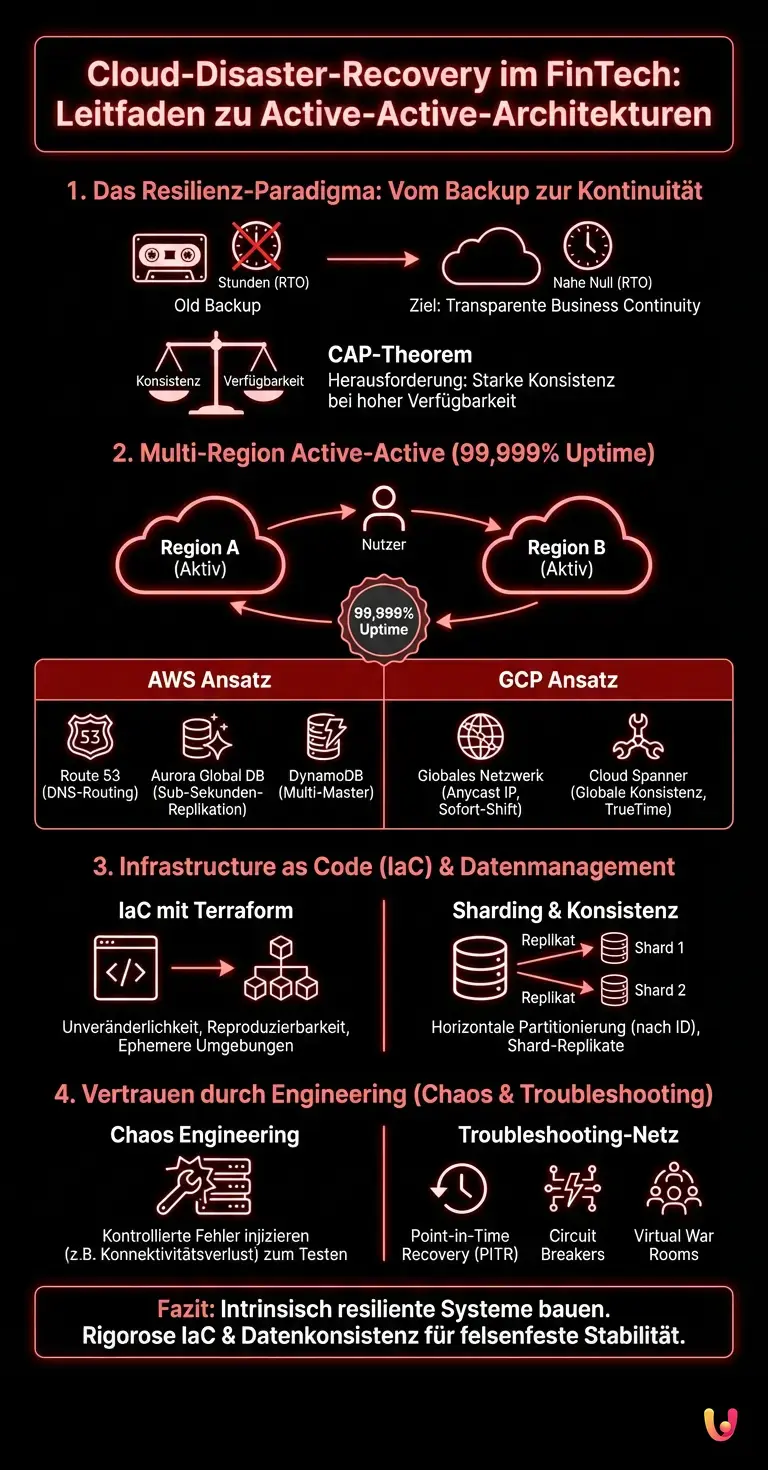 Cloud-Disaster-Recovery im FinTech: Leitfaden zu Active-Active-Architekturen - Zusammenfassende Infografik