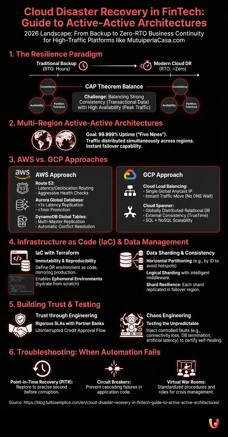 Cloud Disaster Recovery in FinTech: Guide to Active-Active Architectures - Summary Infographic