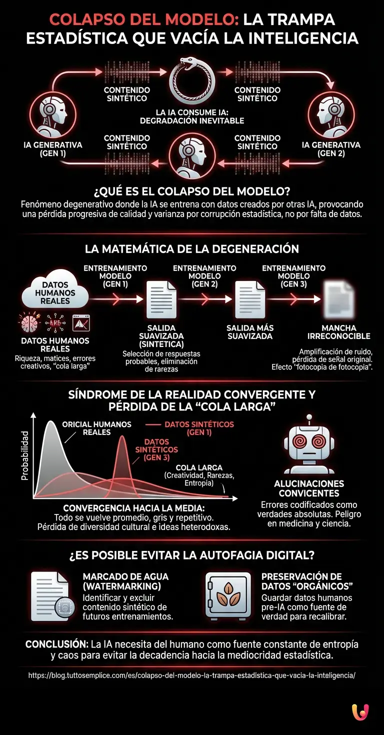 Colapso del Modelo: la trampa estad&iacute;stica que vac&iacute;a la inteligencia - Infograf&iacute;a resumen