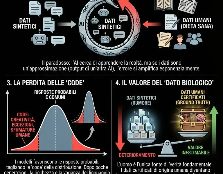 Infografica: Collasso del Modello: il rischio se l'AI impara da se stessa