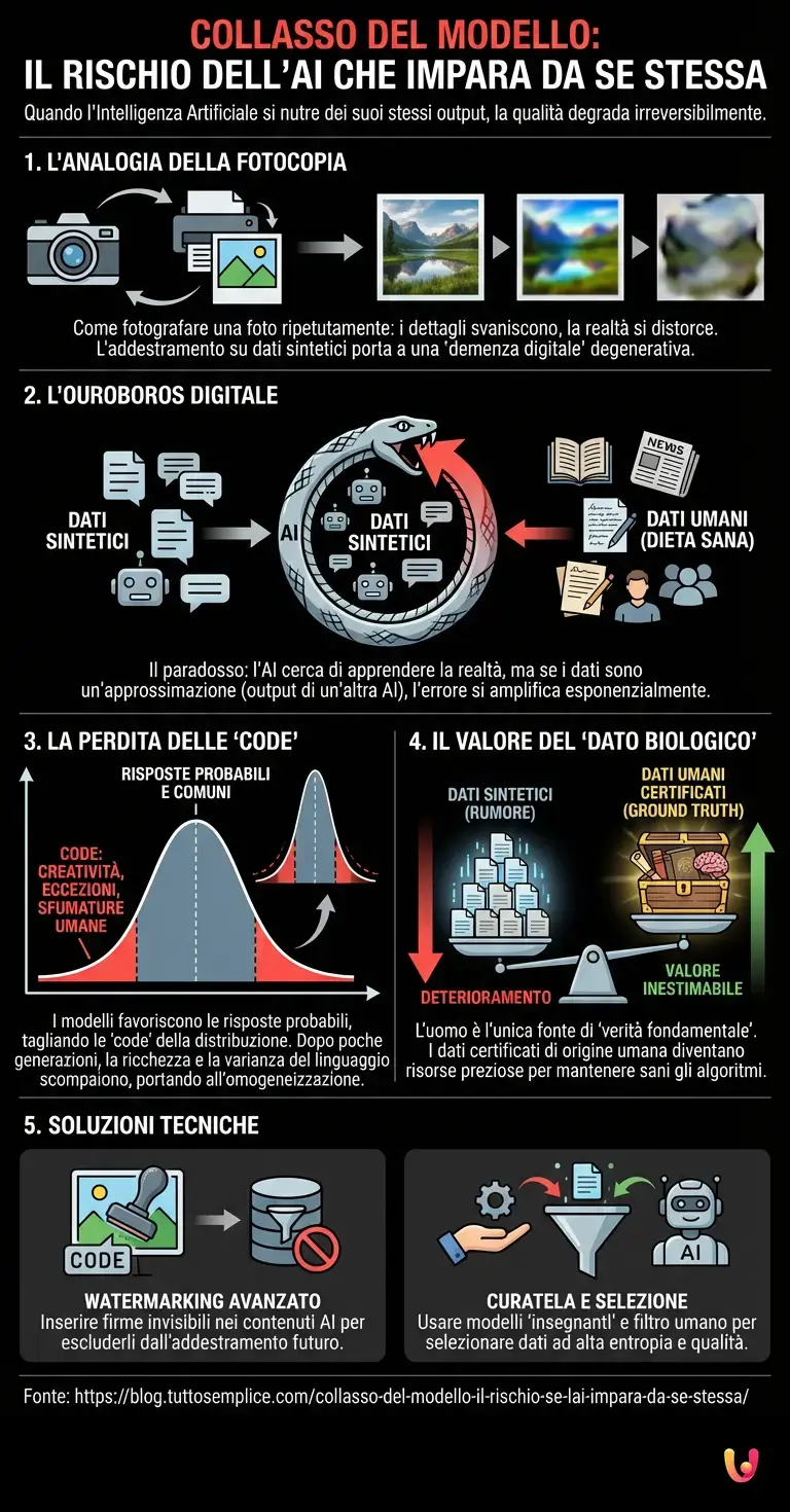 Collasso del Modello: il rischio se l'AI impara da se stessa - Infografica riassuntiva