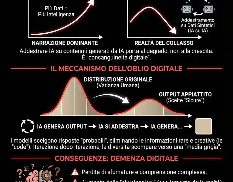 Infografica: Collasso del Modello: perch&eacute; l'IA sta iniziando a regredire