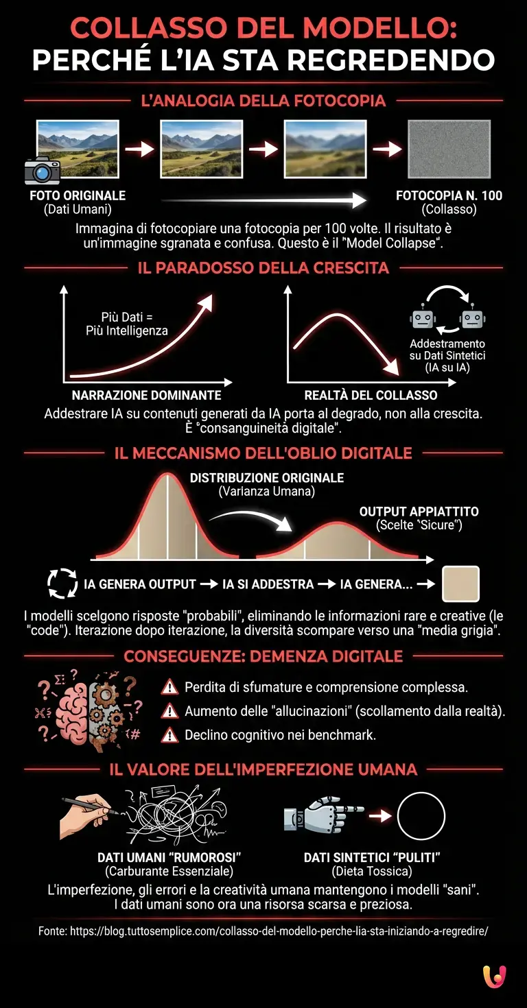 Collasso del Modello: perché l'IA sta iniziando a regredire - Infografica riassuntiva