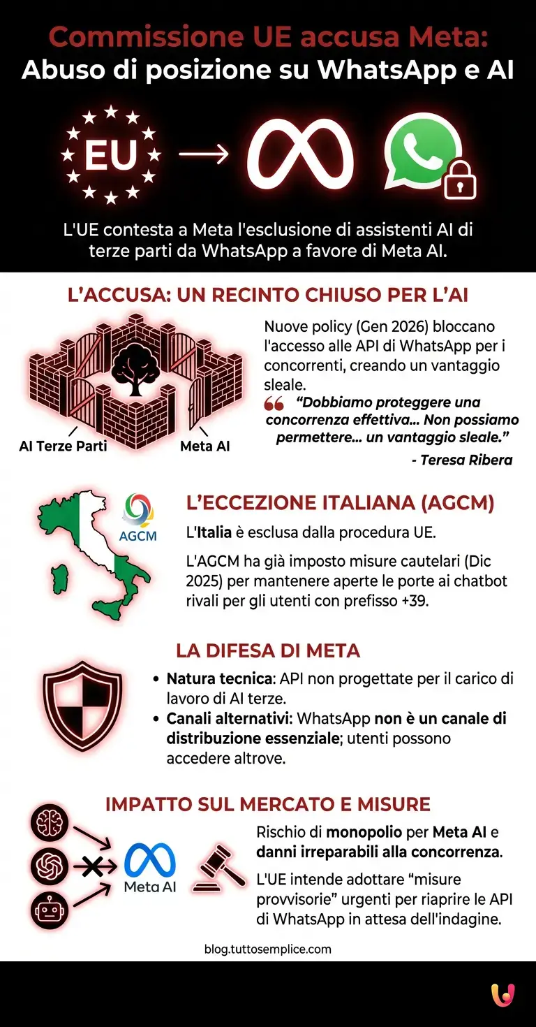 Commissione UE accusa Meta: abuso di posizione su WhatsApp e AI - Infografica riassuntiva