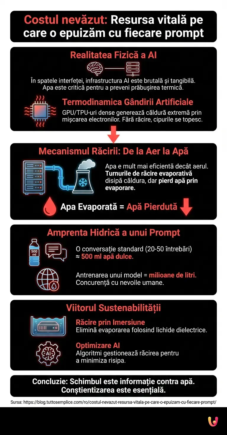 Costul nevăzut: Resursa vitală pe care o epuizăm cu fiecare prompt - Infografic rezumativ