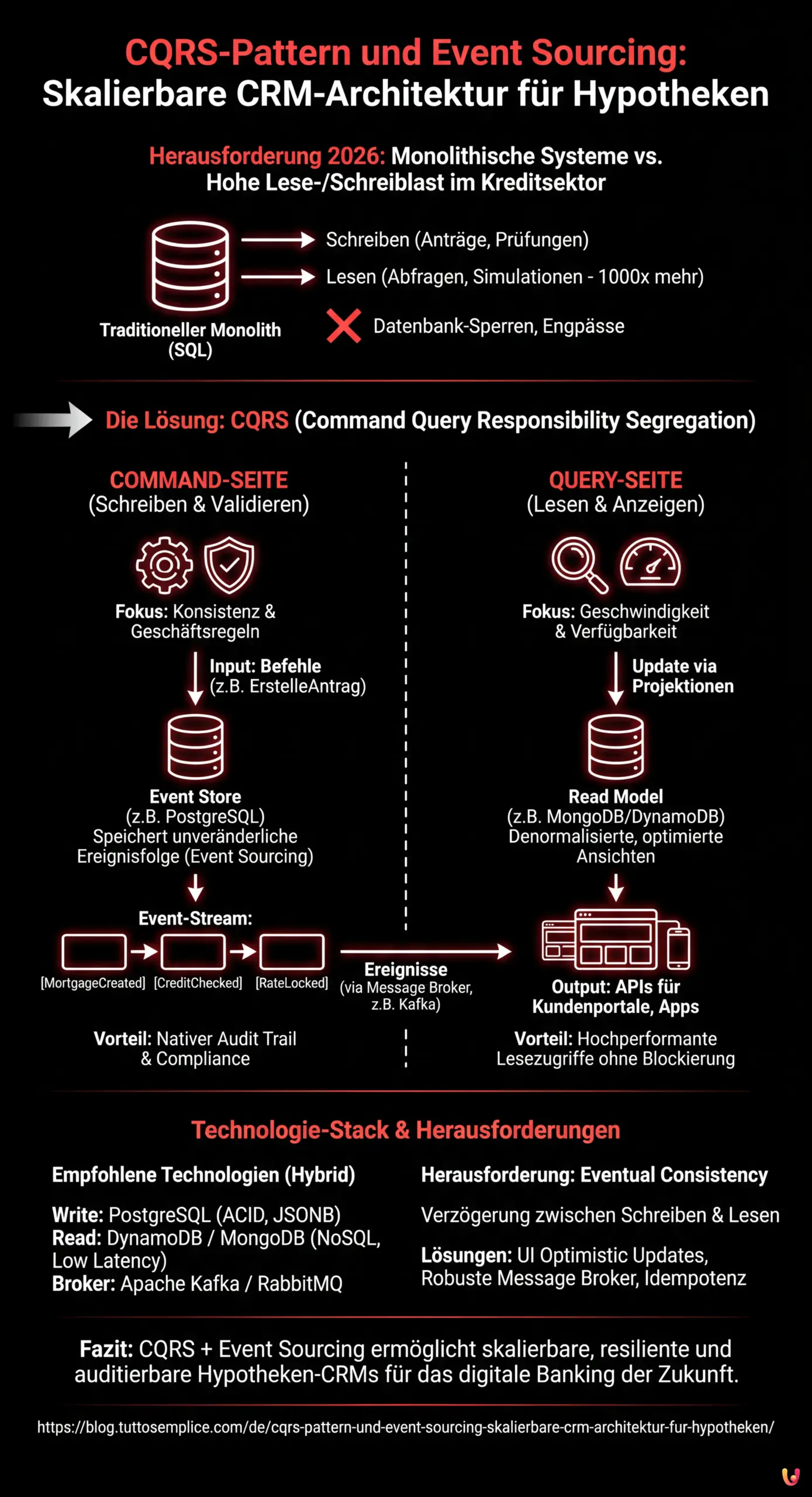 CQRS-Pattern und Event Sourcing: Skalierbare CRM-Architektur für Hypotheken - Zusammenfassende Infografik