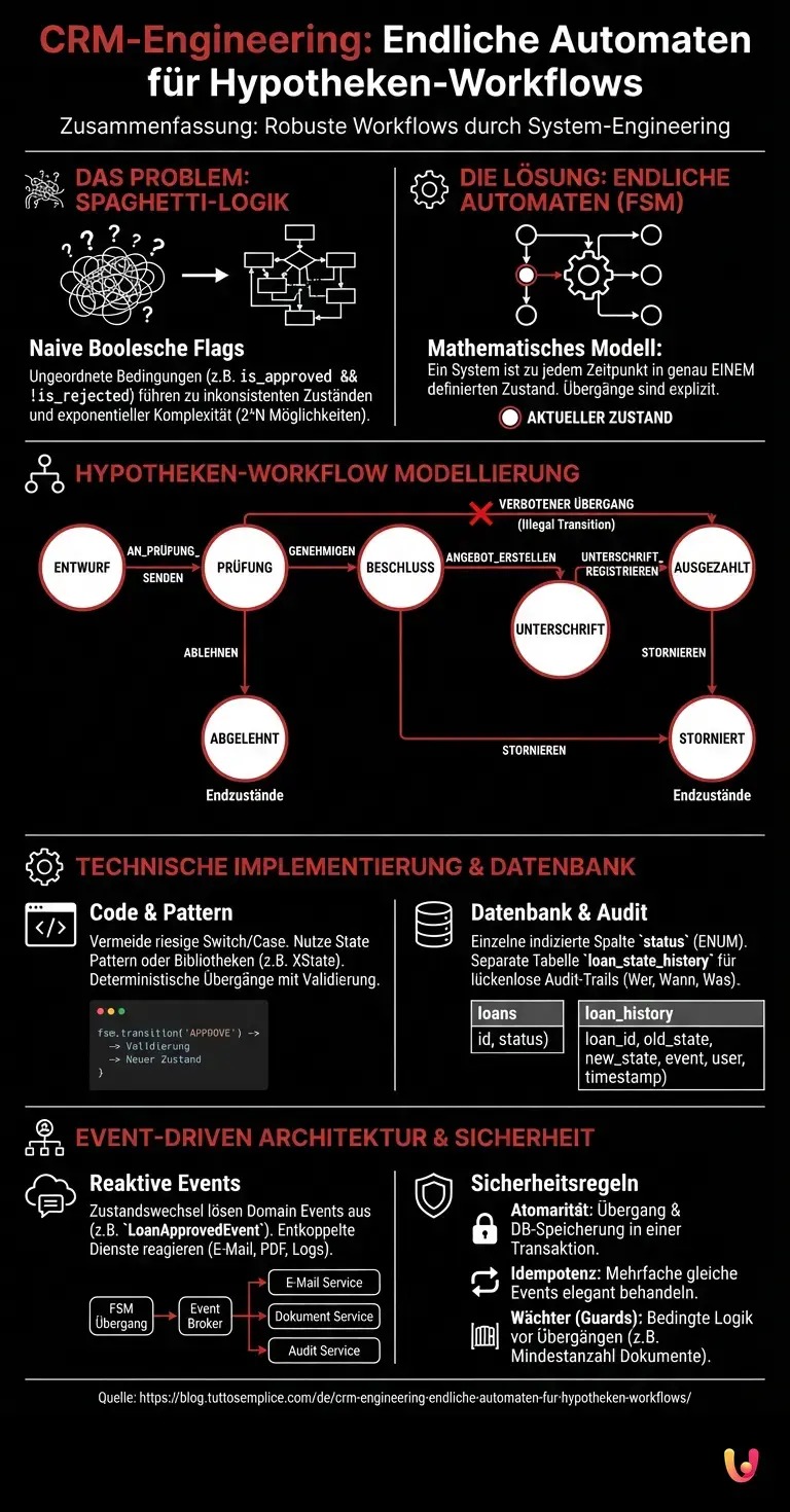 CRM-Engineering: Endliche Automaten für Hypotheken-Workflows - Zusammenfassende Infografik