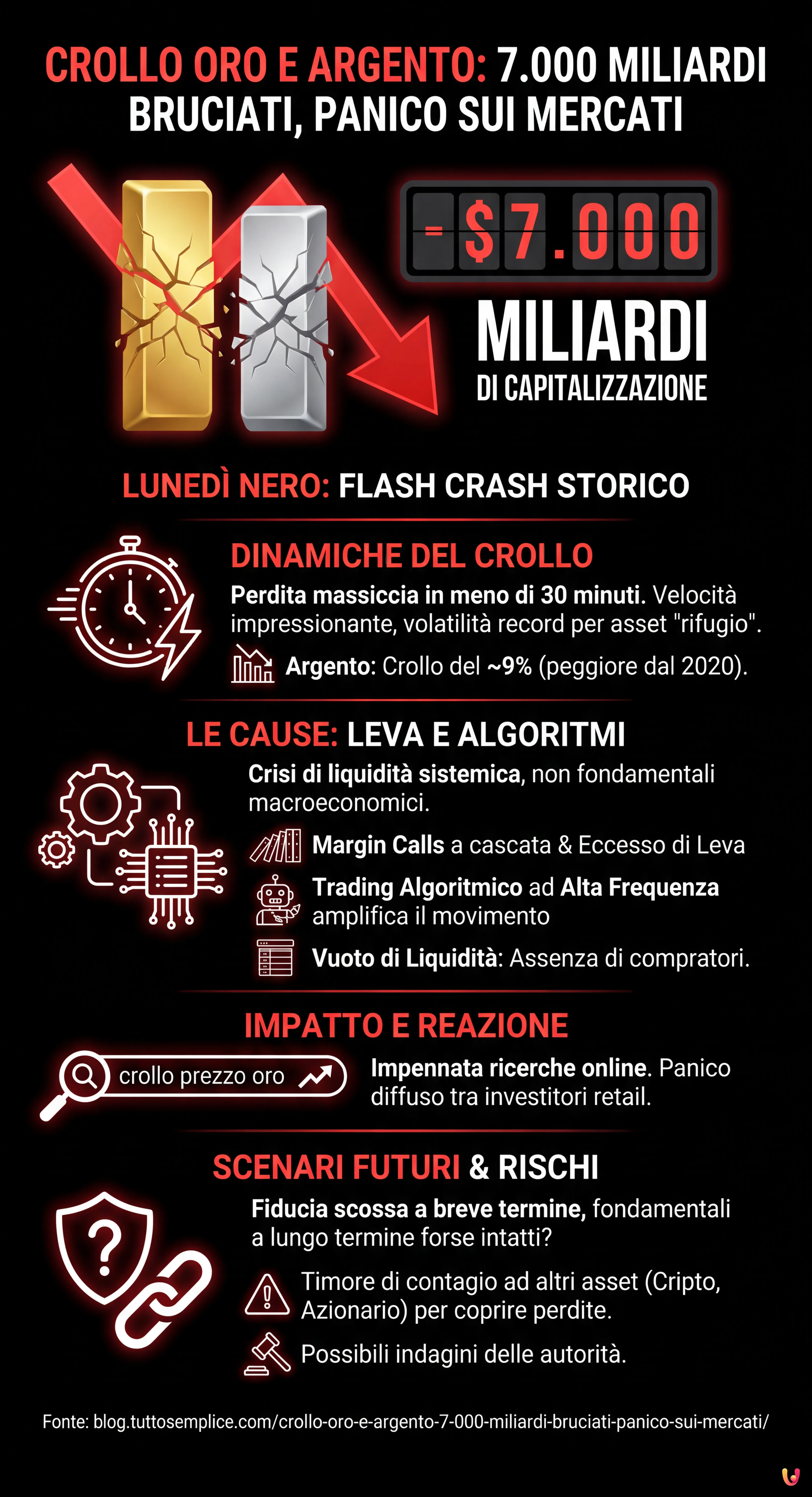 Crollo Oro e Argento: 7.000 Miliardi Bruciati, Panico sui Mercati - Infografica riassuntiva