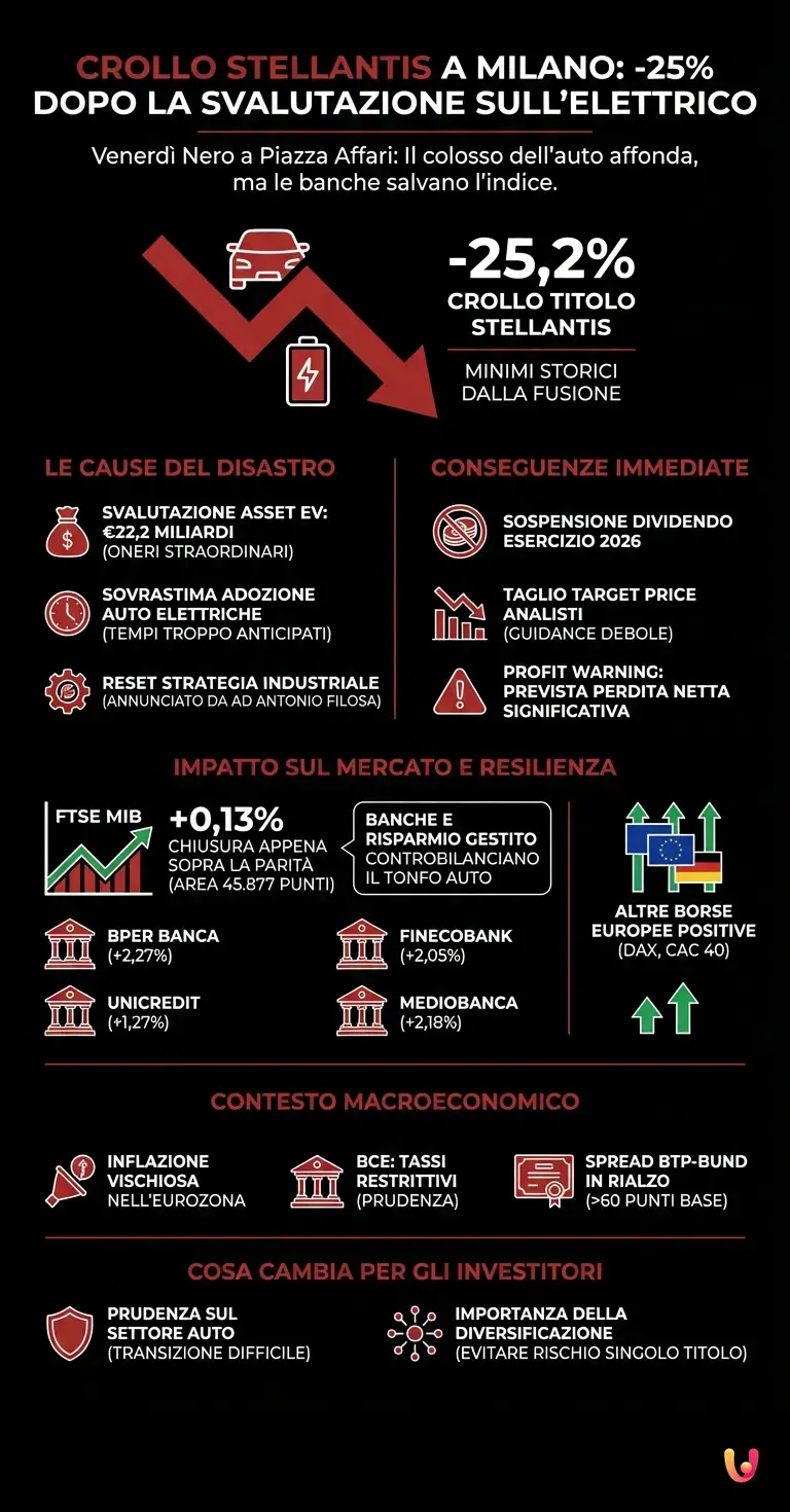 Crollo Stellantis a Milano: -25% dopo la svalutazione sull'elettrico - Infografica riassuntiva