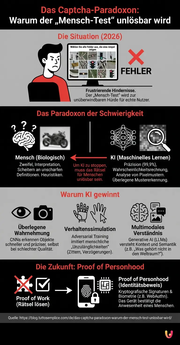 Das Captcha-Paradoxon: Warum der „Mensch-Test“ unlösbar wird - Zusammenfassende Infografik