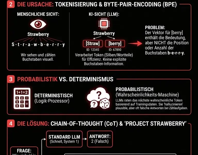 Infografica: Das Erdbeer-Paradoxon: Warum KIs keine Buchstaben sehen