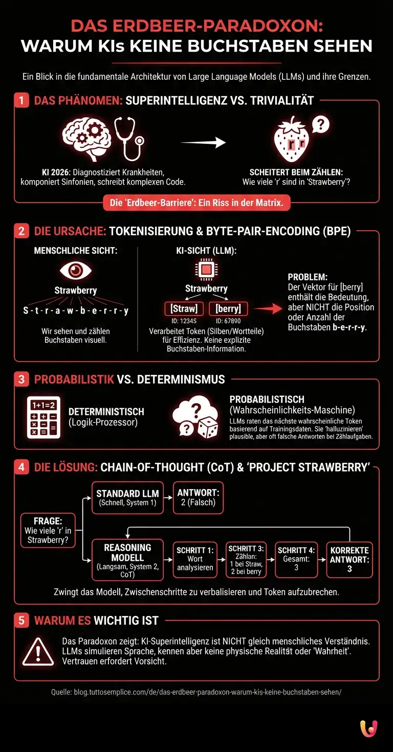 Das Erdbeer-Paradoxon: Warum KIs keine Buchstaben sehen - Zusammenfassende Infografik