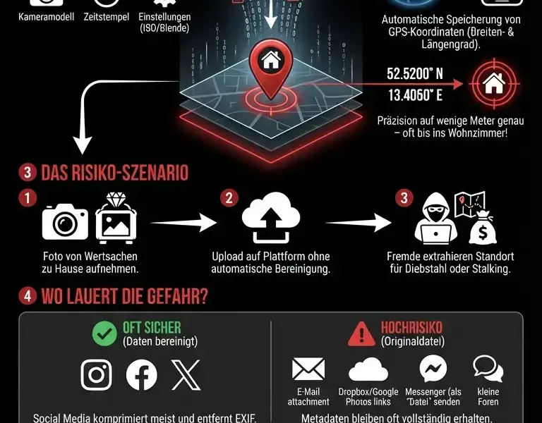Infografica: Der stille Spion: Wie Metadaten in Fotos Ihren Wohnort verraten