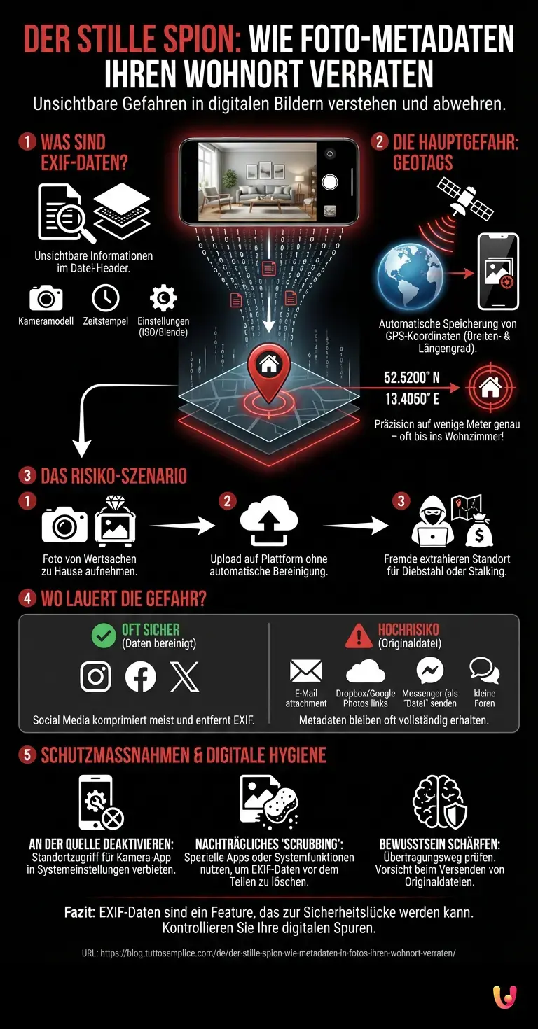 Der stille Spion: Wie Metadaten in Fotos Ihren Wohnort verraten - Zusammenfassende Infografik