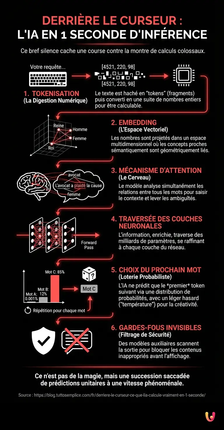 Derri&egrave;re le curseur : ce que l'IA calcule vraiment en 1 seconde - Infographie r&eacute;sumant