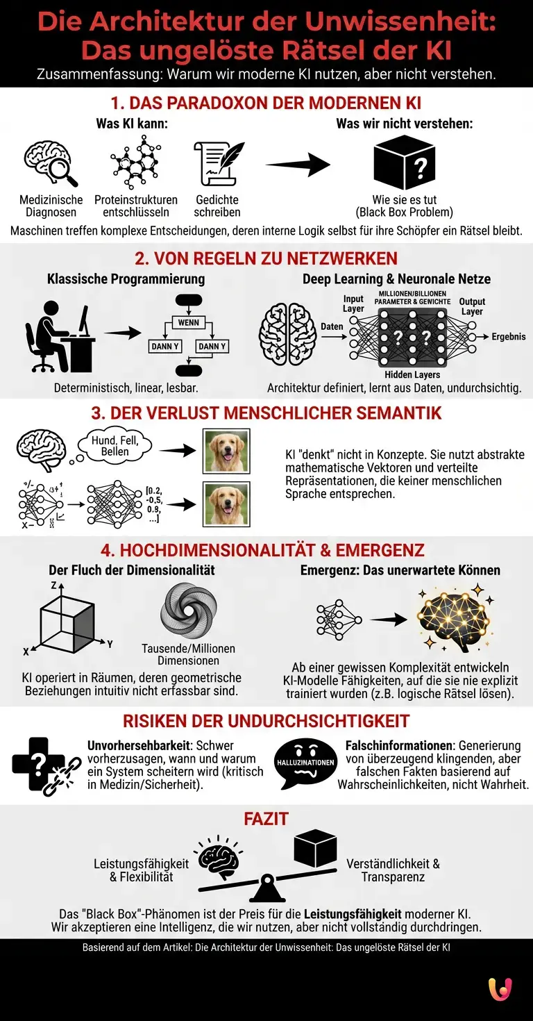 Die Architektur der Unwissenheit: Das ungelöste Rätsel der KI - Zusammenfassende Infografik