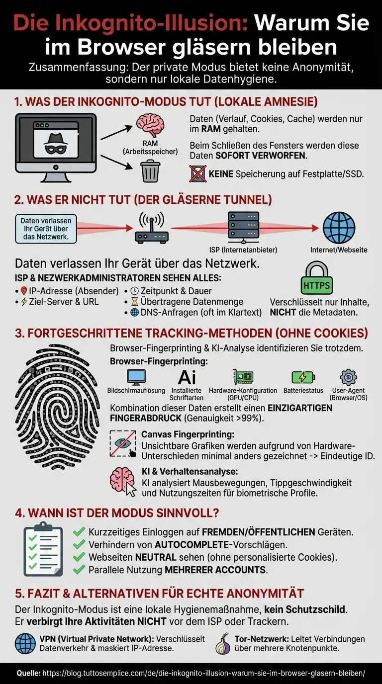 Die Inkognito-Illusion: Warum Sie im Browser gl&auml;sern bleiben - Zusammenfassende Infografik