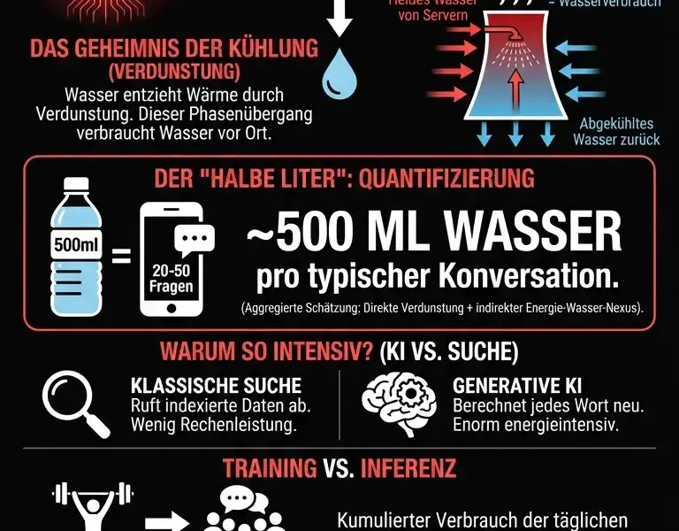 Infografica: Digitale Illusion: Warum KI-Chats physisch Wasser verbrauchen