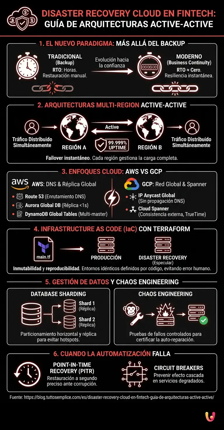 Disaster Recovery Cloud en FinTech: Gu&iacute;a de Arquitecturas Active-Active - Infograf&iacute;a resumen