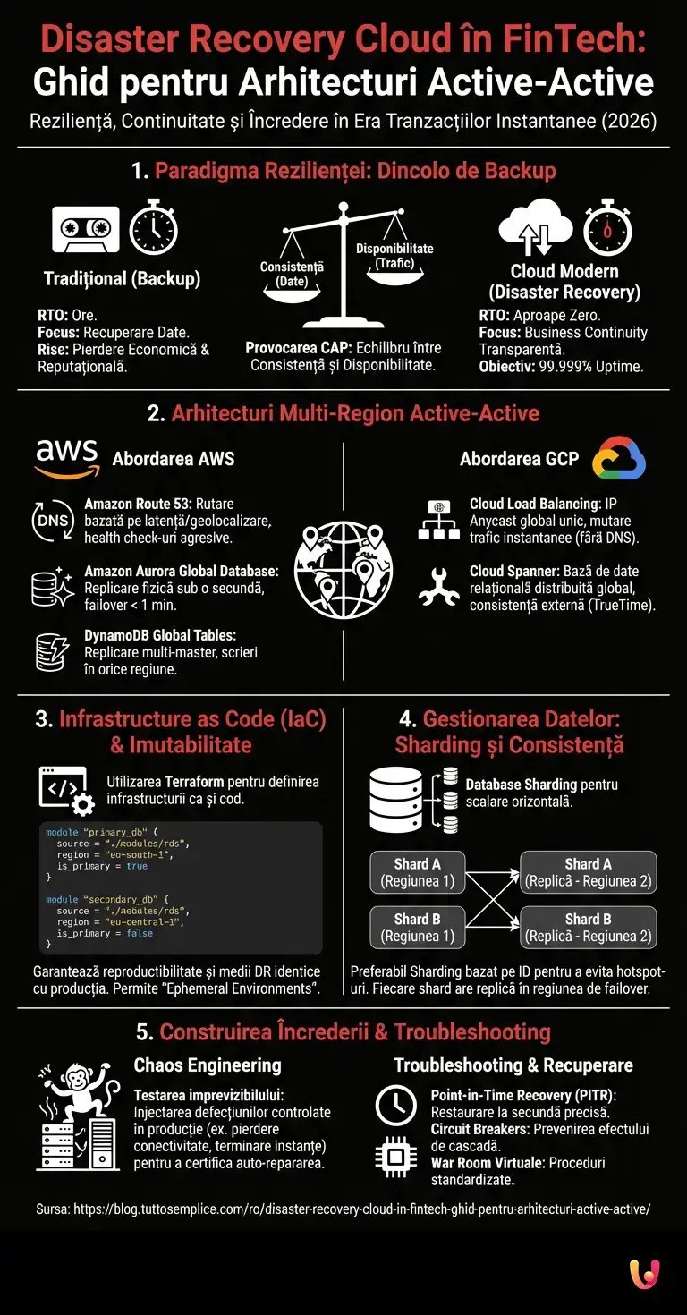Disaster Recovery Cloud &icirc;n FinTech: Ghid pentru Arhitecturi Active-Active - Infografic rezumativ