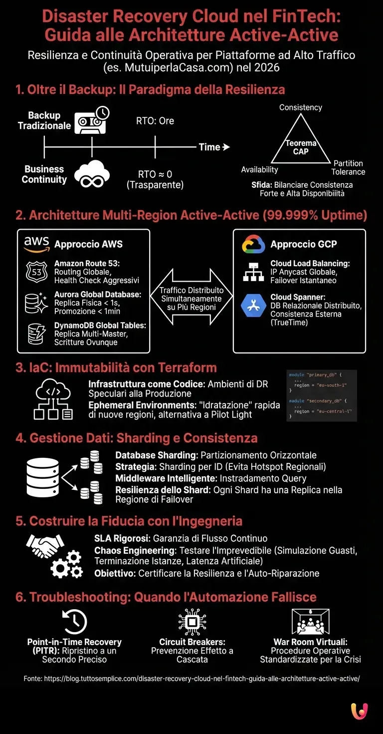 Disaster Recovery Cloud nel FinTech: Guida alle Architetture Active-Active - Infografica riassuntiva