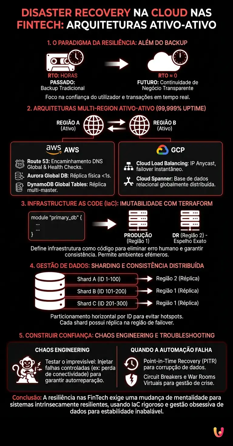 Disaster Recovery na Cloud nas FinTech: Guia para Arquiteturas Ativo-Ativo - Infogr&aacute;fico resumido