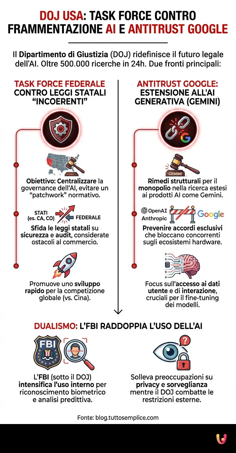 DOJ: Task Force contro frammentazione AI e Antitrust Google - Infografica riassuntiva