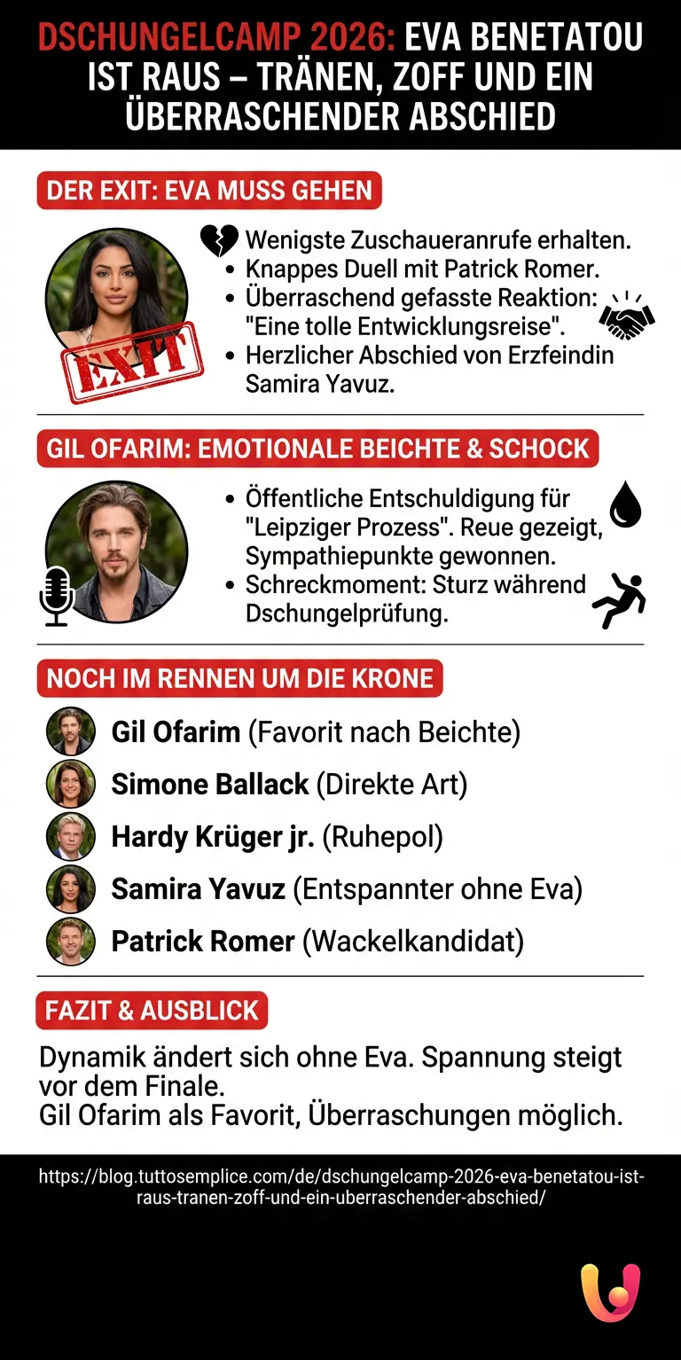 Dschungelcamp 2026: Eva Benetatou ist raus – Tränen, Zoff und ein überraschender Abschied - Zusammenfassende Infografik