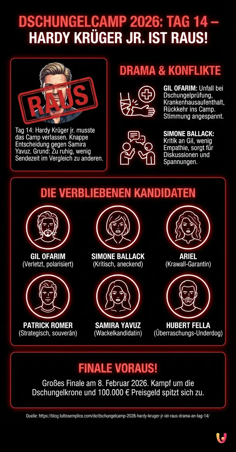 Dschungelcamp 2026: Hardy Krüger jr. ist raus – Drama an Tag 14 - Zusammenfassende Infografik