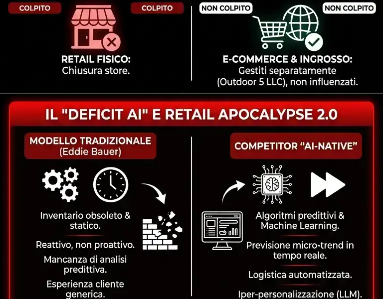 Infografica: Eddie Bauer: istanza Chapter 11, chiusura 175 store e deficit AI
