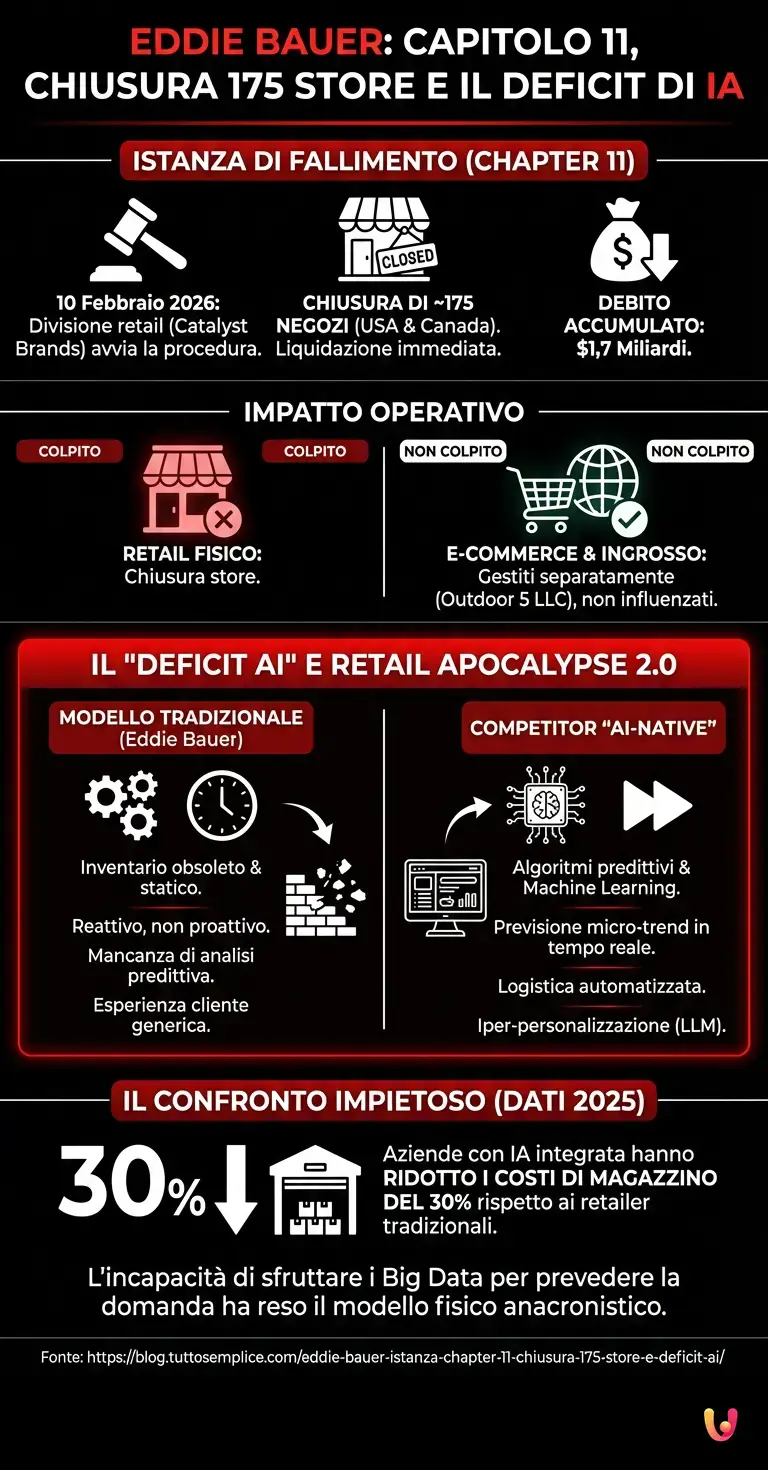 Eddie Bauer: istanza Chapter 11, chiusura 175 store e deficit AI - Infografica riassuntiva