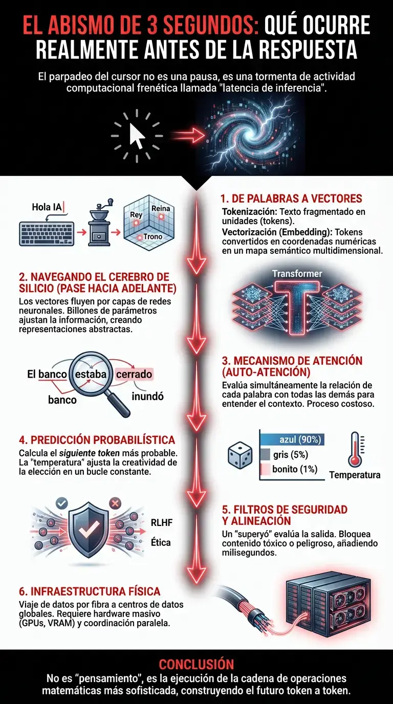 El abismo de 3 segundos: qu&eacute; ocurre realmente antes de la respuesta - Infograf&iacute;a resumen
