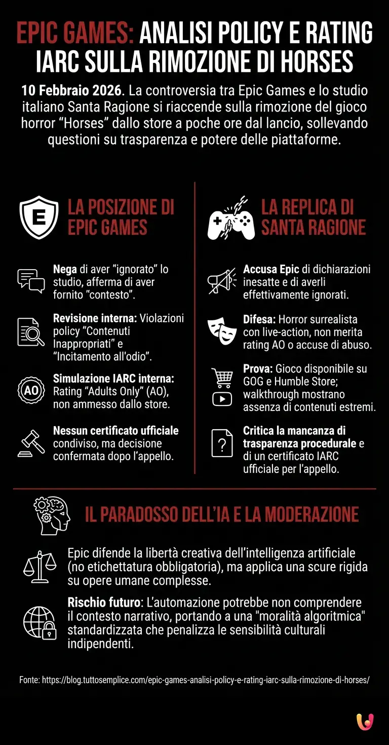 Epic Games: analisi policy e rating IARC sulla rimozione di Horses - Infografica riassuntiva
