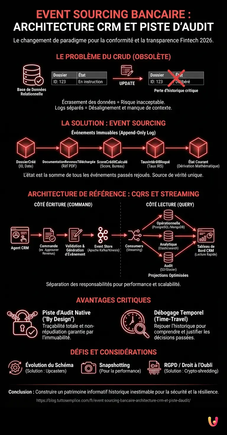 Event Sourcing Bancaire : Architecture CRM et Piste d'Audit - Infographie r&eacute;sumant