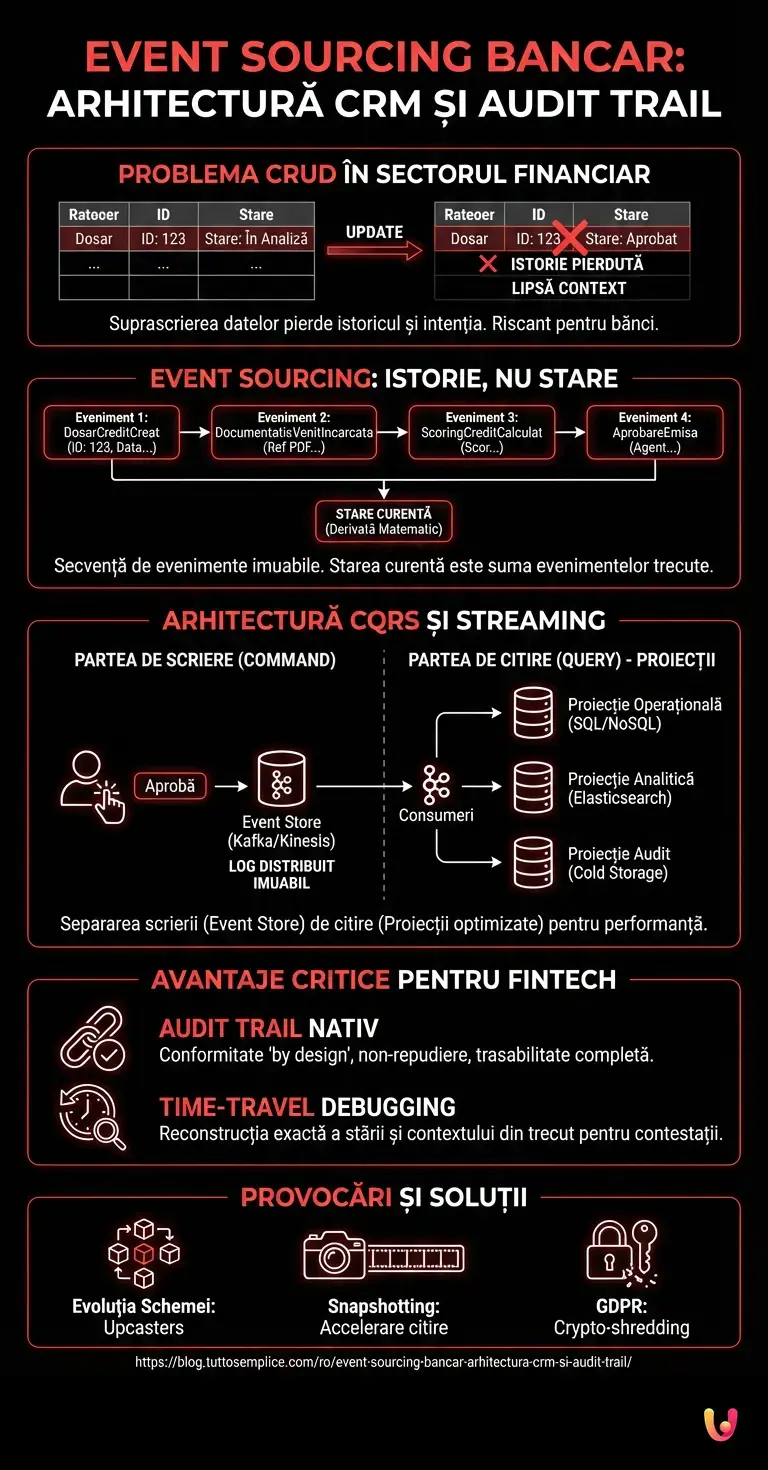 Event Sourcing Bancar: Arhitectură CRM și Audit Trail - Infografic rezumativ