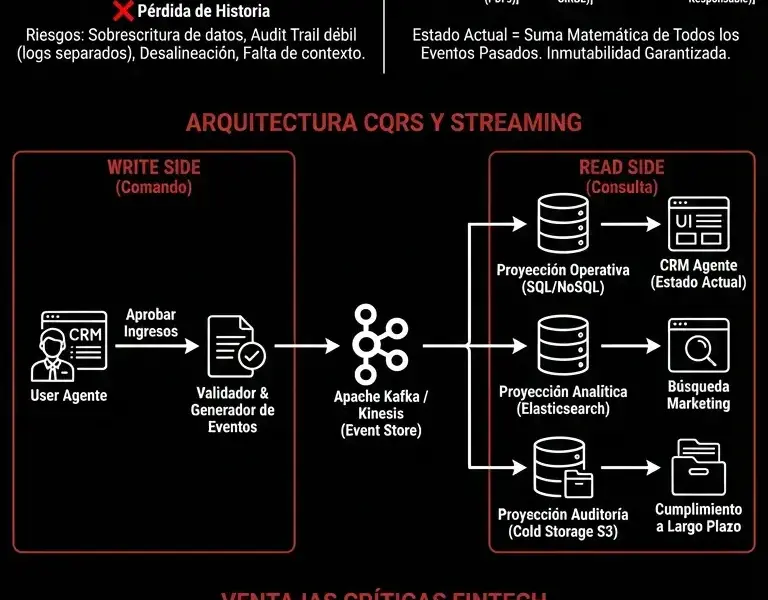Infografica: Event Sourcing Bancario: Arquitectura CRM y Audit Trail