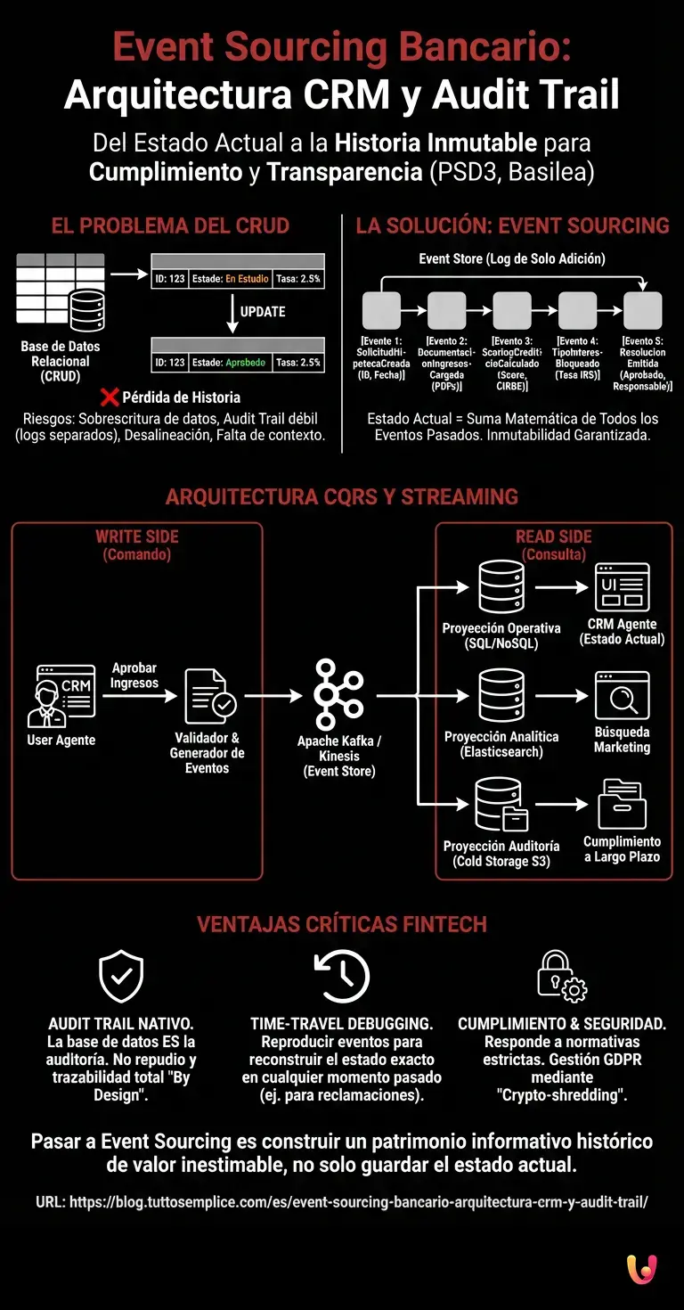 Event Sourcing Bancario: Arquitectura CRM y Audit Trail - Infograf&iacute;a resumen