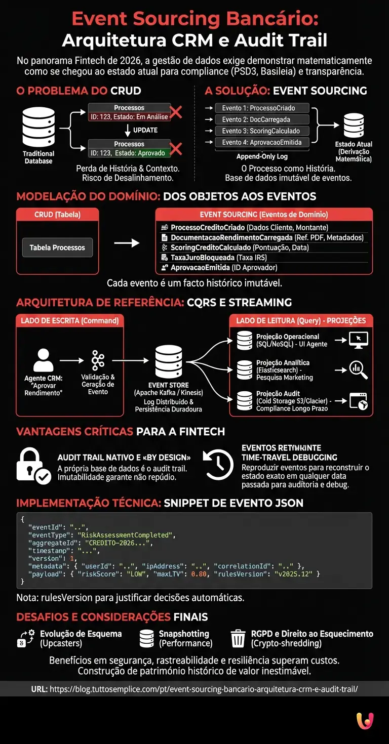 Event Sourcing Banc&aacute;rio: Arquitetura CRM e Audit Trail - Infogr&aacute;fico resumido